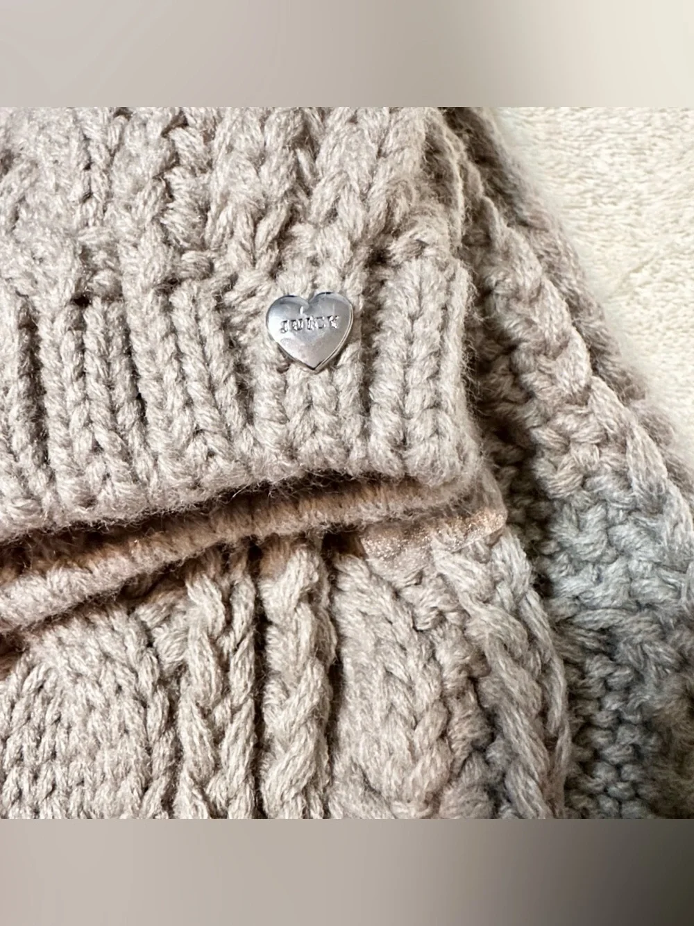 Juicy Couture Beanie Hat Infinity Scarf Set NWT Taupe Beige Cable Knit Winter